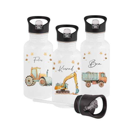 Trinkflasche Kind Personalisiert Trinkflasche Edelstahl Trinkhalm Name Trinkflasche Fahrzeuge Bagger LKW Walze Junge Manufaktur Liebevoll