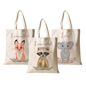 Stoffbeutel Kind Personalisiert Waschbär Elefant Fuchs Turnbeutel Tasche Name Beutel für Wechselwäsche Tier Stoffbeutel Manufaktur Liebevoll