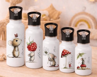 May include: Five white water bottles with black lids, each featuring a unique illustration of a mouse with various objects. The bottles have names like "Emma" and "Aline" written on them. The illustrations include a butterfly, a raspberry, and a mushroom.