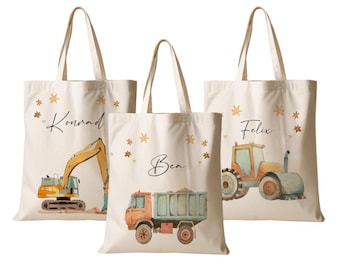Fabric bag child personalized construction vehicles gym bag sports bag name bag for change of clothes excavator truck roller manufactory lovingly
