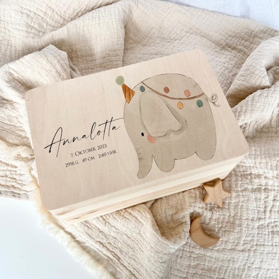 Erinnerungsbox Babygeschenk Personalisiert Holzkiste Name Baby Geschenk Holzbox Erinnerungskiste Elefant Neugeborene Erinnerungsbox