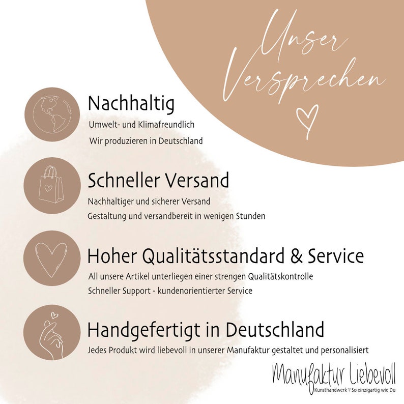 Puede incluir: Un gr&aacute;fico con el texto "Unser Versprechen" y un s&iacute;mbolo de coraz&oacute;n. El gr&aacute;fico enumera los valores de la empresa: "Nachhaltig", "Schneller Versand", "Hoher Qualit&auml;tsstandard & Service", y "Handgefertigt in Deutschland".