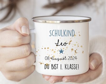 Manufaktur Liebevoll Emaille-Tasse Zur Einschulung | Mit Spruch „Du Bist 1. Klasse“ | Geschenk Für Jungen In Blau