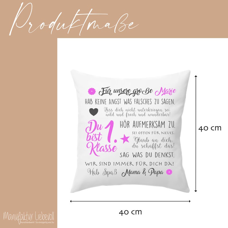 Einschulung Geschenk Kissen Personalisiert Einschulung Mädchen Junge Schulanfang Schulkind Schulstart Rosa und Blau Manufaktur Liebevoll Bild 3