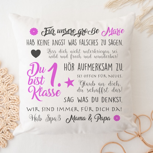 Einschulung Geschenk Kissen Personalisiert Einschulung Mädchen Junge Schulanfang Schulkind Schulstart Rosa und Blau Manufaktur Liebevoll