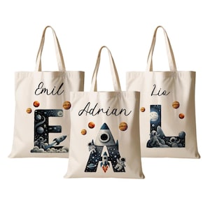 Stoffbeutel Kind Personalisiert Weltall Buchstabe Sportbeutel Turnbeutel Tasche Name Beutel für Wechselwäsche Raumschiff Stoffbeutel Junge
