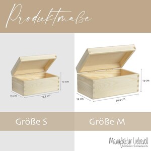 May include: Two wooden boxes with lids open, showing the interior. The smaller box measures 19.5 cm by 15 cm by 10 cm. The larger box measures 29.5 cm by 19 cm by 13 cm. The boxes are labelled "Gr&ouml;&szlig;e S" and "Gr&ouml;&szlig;e M".