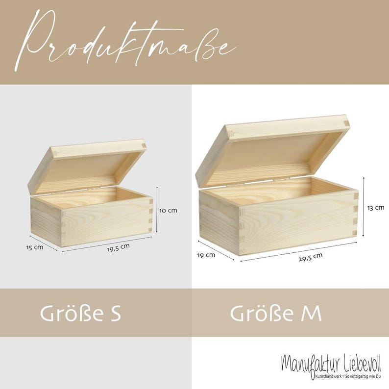 May include: Two wooden boxes with lids open, showing the interior. The smaller box measures 19.5 cm by 15 cm by 10 cm. The larger box measures 29.5 cm by 19 cm by 13 cm. The boxes are labelled "Gr&ouml;&szlig;e S" and "Gr&ouml;&szlig;e M".