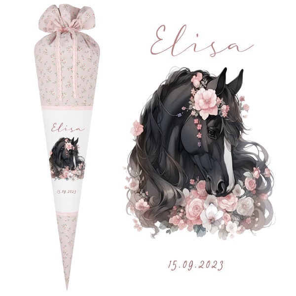 Stoff Schultüte Pferd Pony Mädchen Rosa Name Zuckertüte Einschulungstüte Einschulung personalisiert Datum Blumen Füllkissen 70 cm handgenäht