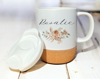 Mug Personalized Mug Name Mug Flowers Coffee Mug Ceramic Cork Lid Personalized Mug Gift Woman Boho Manufactory Loving