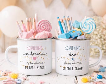 Personalisierte Emailletasse zur Einschulung Schulkind Tasse mit Name & Datum „Du bist 1. Klasse“ Geschenk zum Schulanfang Jungen u. Mädchen