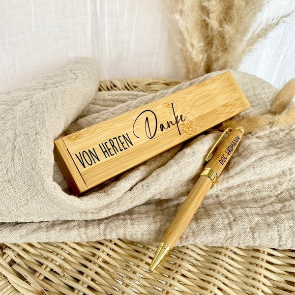 Danke Geschenk Personalisiert Kugelschreiber mit Etui Holz Name Bambus Dankeschön von Herzen Frau Mitarbeitergeschenk | 7 Motive zur Auswahl