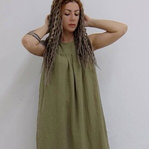 Women's linen dress with pleats sleeveless soft long maxi to the floor wide loose maternity oversized simple summer clothing olive yellow
