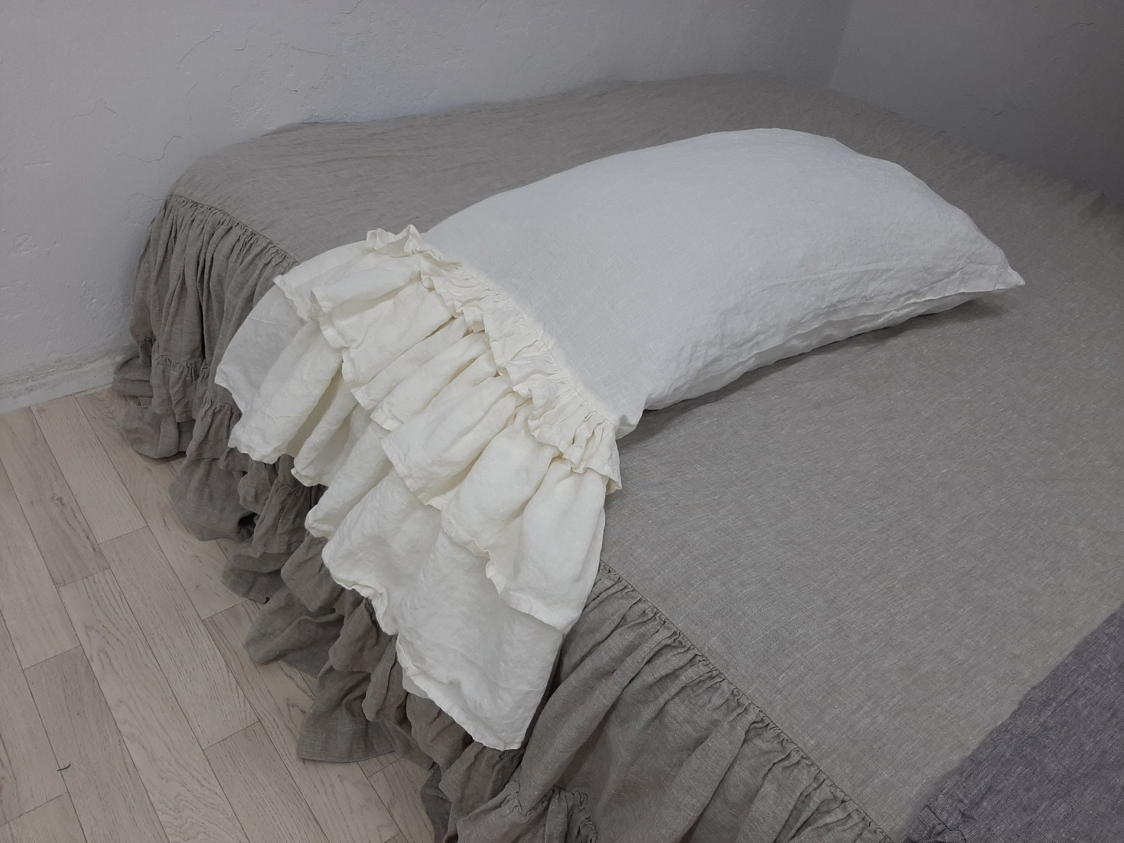 Triple ruffled linen pillowcase Pillowcase with long ruffle Etsy