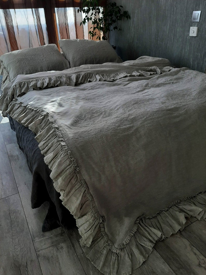Linen Duvet Cover with ruffles from four sides buttons Etsy