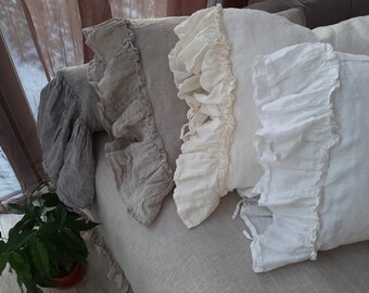 Set of 2 21 x 27 w/Ruffles and Macrame Pompom Accent Vintage Cottage Farmhouse Bedding Boho Olivia Standard Bed Pillow Cases Natural Cream Linen/Cotton Set of 2 21 x 27 w/Ruffles and Macrame Pompom Accent Vintage Cottage Farmhouse Bedding Boho Olivia Standard Bed Pillow Cases Natural Cream Linen/Cotton