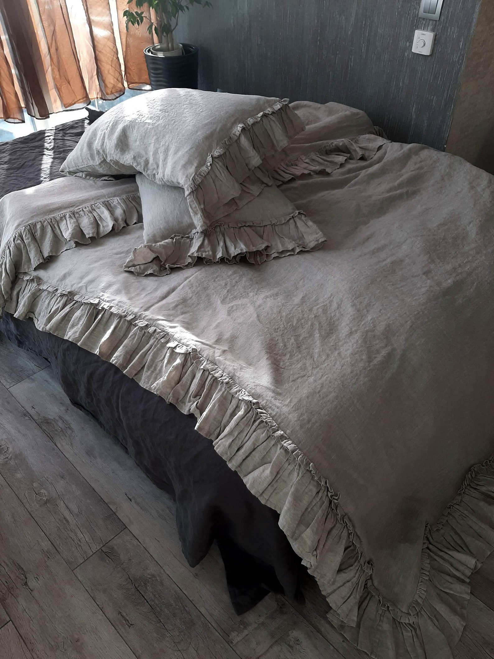 Linen Duvet Cover with ruffles from four sides buttons Etsy