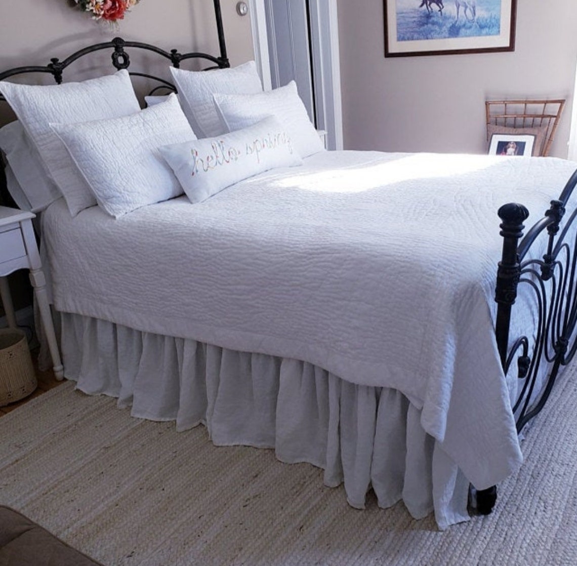 Split corners bed skirt Linen dust ruffle white coverlet queen Etsy