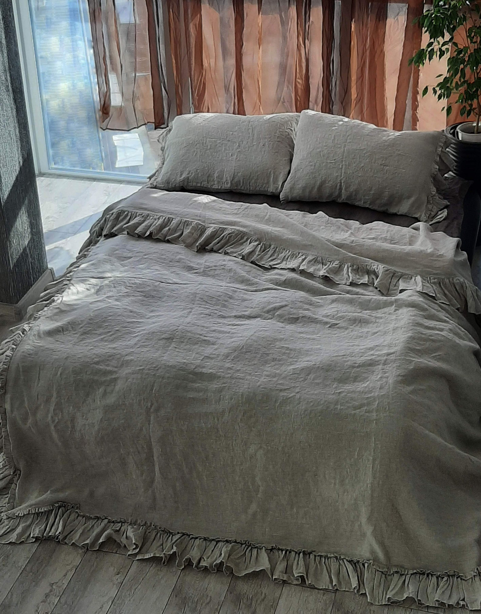 Linen Duvet Cover with ruffles from four sides buttons Etsy