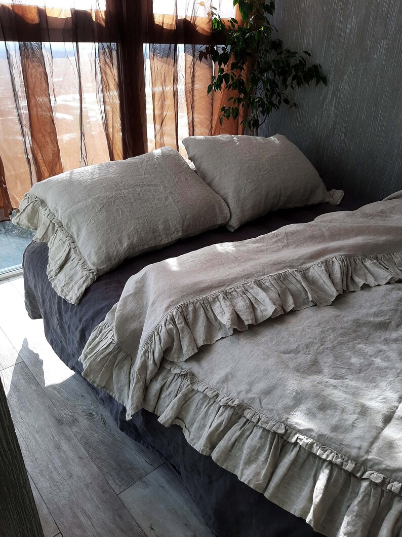 Linen Duvet Cover with ruffles from four sides buttons Etsy