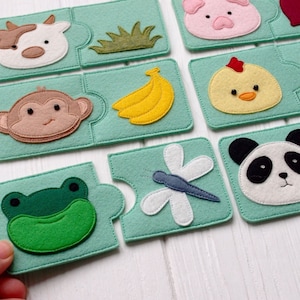 Tarjetas para combinar animales y lo que comen: juego de rompecabezas educativo de fieltro para niños pequeños y preescolares