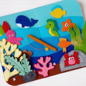 Under the Sea Play Set – Magnetic Fishing Game with Felt Sea Play Mat, Ocean Animals Felt Board Set- Quiet Activity/ Travel Toys for Kids