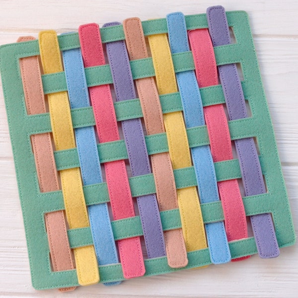 Weaving fine motor skills toy for children – Felt activity board with 10 weaving strips in pastel colors