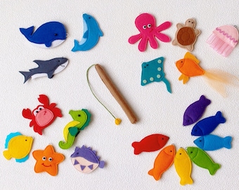 Magnetic Fishing Game Set of 20 Felt Sea Animals with Fishing Rod - Montessori Toys for Toddlers 2 Years Old