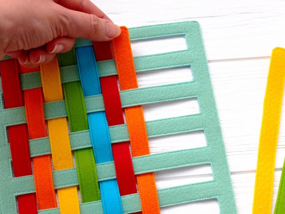 Montessori busy book page - Motor skills toy to practice weaving for toddlers and preschoolers