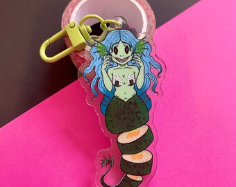 Sushi Siren Mermaid Monster Girl - Double Sided Green 3” Acrylic Charm Keychain