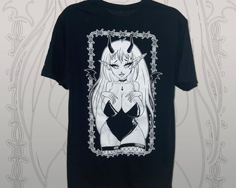 OPPAI Double Sided Metal Succubus Unisex Softstyle Goth Black T-shirt