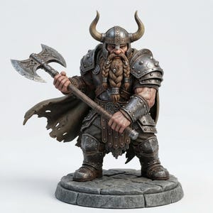 May include: A detailed figurine of a dwarf warrior in full armour, holding a double-bladed axe. The figure wears a horned helmet and has a long, braided beard. The armour is metallic, and the base is stone-like.