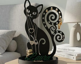 Smyckeskrin i kattformat, anpassningsbart med ditt namn, en presentidé för kattälskare, ett snyggt accessoar för att hålla ordning på dina värdesaker.