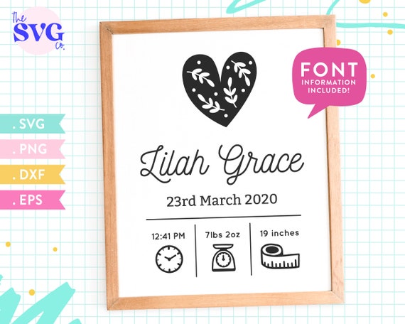 Birth Announcement SVG Template With Heart Design Birth Stats - Etsy