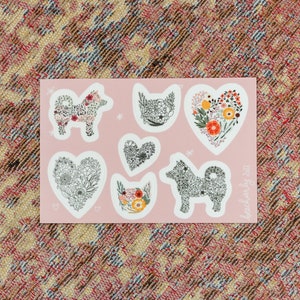 Stickers FLOWERS SHIBA CAT set mat finish vinyl, animal lover, embroidery, black and white, sticker sheet