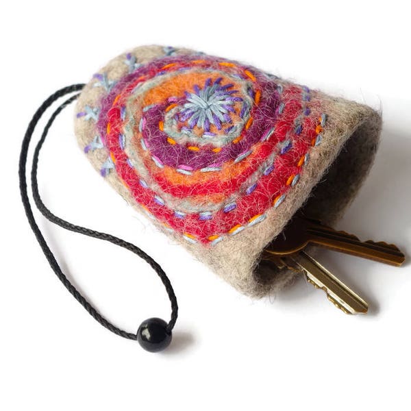 Galaxy key cover Boho key case Felted key pouch Best friends gift Embroidered key case Boho key bell Bohemian spiral motives Boho accessory