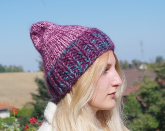 Two-Tone Alpaca Merino Wool Beanie: Chunky Knit Slouchy Hat
