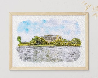 Pode incluir: Uma pintura em aquarela de um edifício com um lago em primeiro plano. O edifício é cercado por árvores e o céu é azul com nuvens brancas.