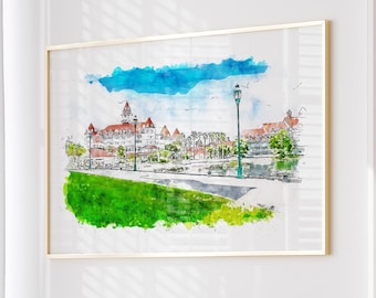 Pode incluir: Uma pintura em aquarela de um edifício com um céu azul e grama verde em primeiro plano. O edifício é uma estrutura de vários andares com um telhado vermelho e paredes brancas. Há árvores e palmeiras no fundo.