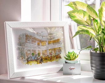 Pode incluir: Uma pintura de aquarela emoldurada em branco que representa o interior de um edifício com um piano e um candelabro. A pintura está em um peitoril de janela com uma pequena planta suculenta em um vaso e um cartão de visita.