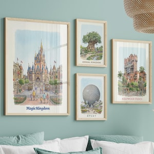 May include: A bedroom with a teal-colored wall featuring framed art prints. The prints depict theme park attractions, including a castle, a tree, and a tower. The bed has teal bedding and white pillows. A woven lamp and a decorative plant are also visible.