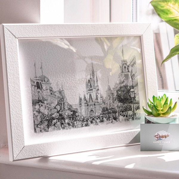 The Magic Kingdom Sketch Print, Disney Print, Walt Disney World, Magic Kingdom, Disney Parks Sketch, Disney Pencil Sketch, Cinderella Castle