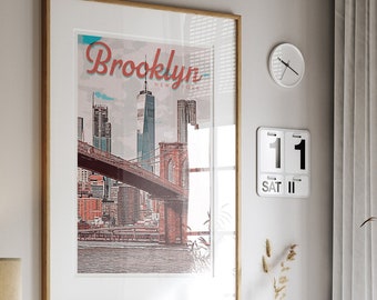 Arte de parede da Ponte do Brooklyn: Pôster de viagem vintage de Nova York - Estilo retrô