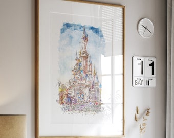 Disneyland Paris Castle Watercolor Print (A5 to A1 Sizes)