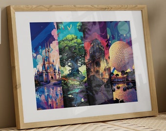 Retro Futurism Disney Parks Art Print: Magic Kingdom & Epcot