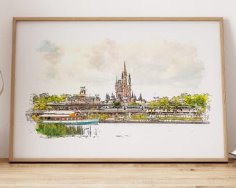 Pode incluir: Impressão em aquarela de um castelo e edifícios à beira-mar, emoldurada em madeira clara. A obra de arte apresenta uma paleta de cores suaves com tons de azul, verde e bege. A imagem é exibida em uma mesa de madeira.
