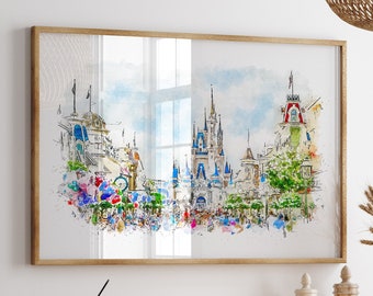 Impresión de Magic Kingdom: Arte de acuarela de los Parques Disney (Calle Mayor, varios tamaños)