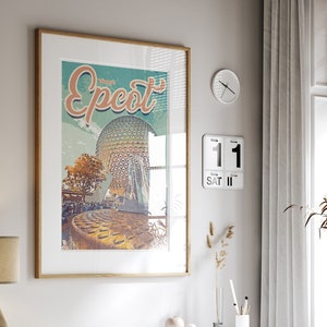 Può includere: Un poster incorniciato in stile vintage con il testo "Epcot" in un font retrò. Il poster presenta un'illustrazione colorata dell'attrazione Spaceship Earth ad Epcot, un parco divertimenti popolare a Orlando, in Florida.