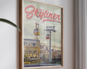 May include: A vintage-style poster with a red and white "Disney's Skyliner" logo. The poster features a view of the Disney Skyliner gondolas against a backdrop of buildings and trees.