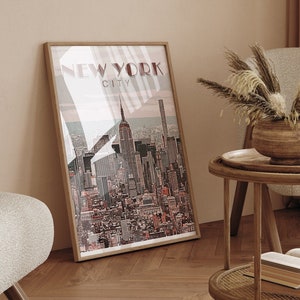 Impresión del horizonte de la ciudad de Nueva York de inspiración vintage - Póster de arte retro del Empire State Building - Decoración de pared urbana - Decoración única para el hogar de Nueva York